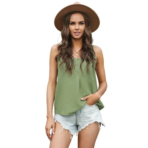 Boho Green Button Textured Tank Top - Picture 5 of 11